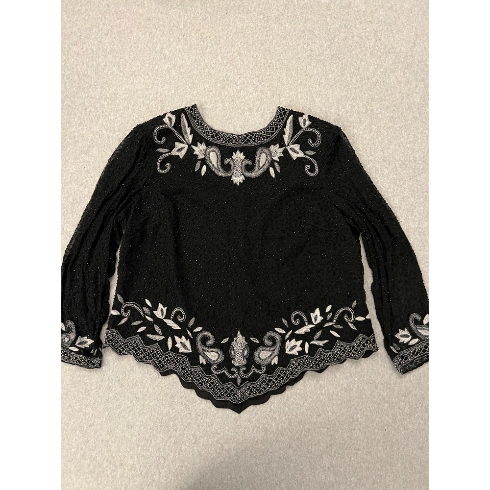Draper's & Damon's Beaded Blouse Women's 1X Black Silver Embroidered Sparkle Vtg